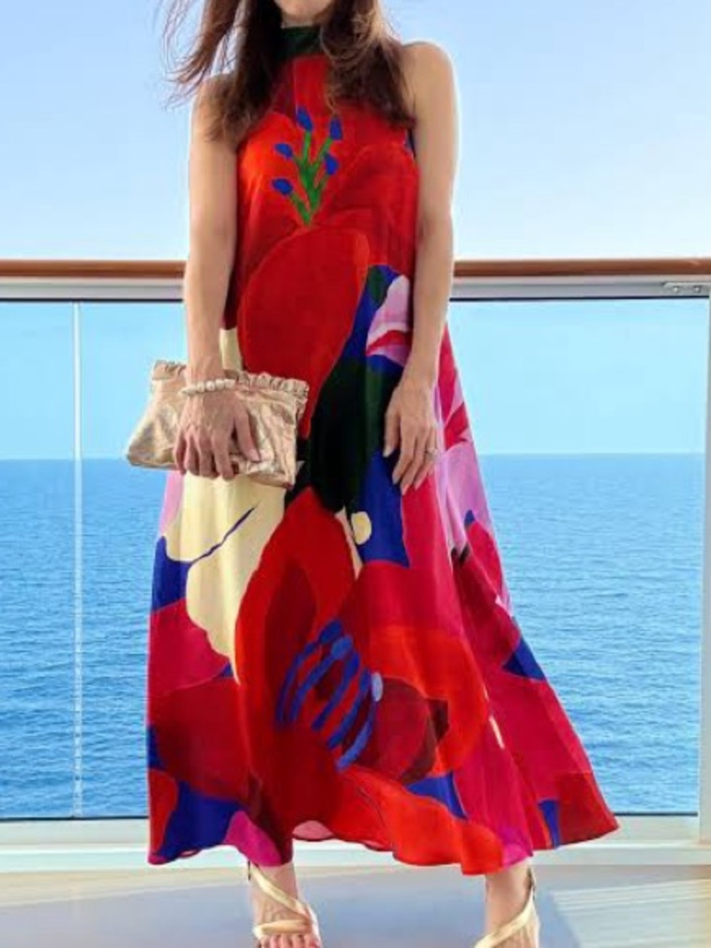 Farm Rio Halter Maxi Dress Hibiscus Flower Floral Tropical Red Anthropologie